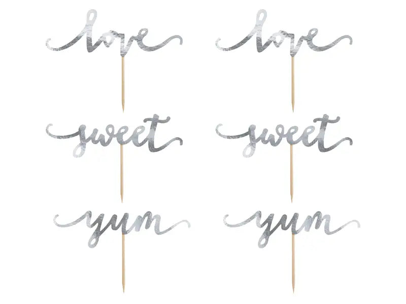 Cupcake toppers Love silver 13 cm 6-pack