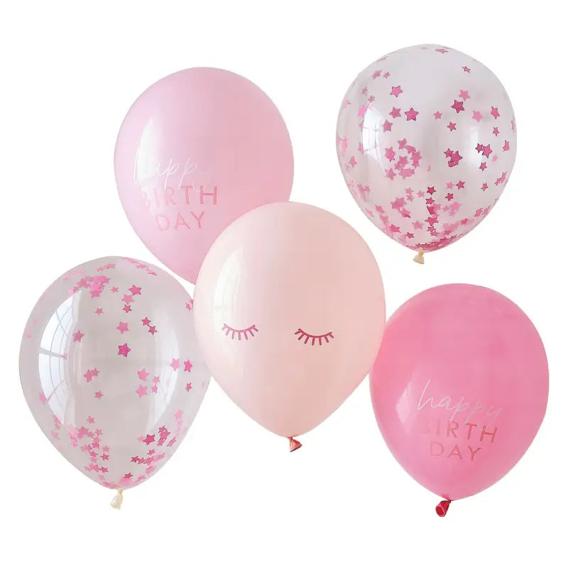 Rosa Konfetti Ballonger - Happy Birthday 5-pack - Bordskonfetti